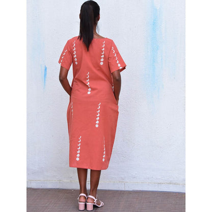Chidiyaa Humming Bird Mystic Moonlight Rust Handblock Printed Cotton Dress