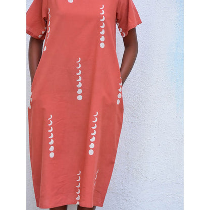 Chidiyaa Humming Bird Mystic Moonlight Rust Handblock Printed Cotton Dress