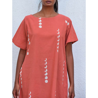 Chidiyaa Humming Bird Mystic Moonlight Rust Handblock Printed Cotton Dress