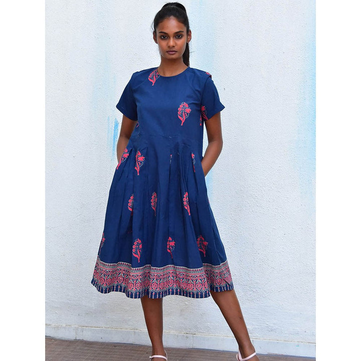 Chidiyaa Humming Bird Enchanting Aura Blue Handblock Printed Cotton Dress