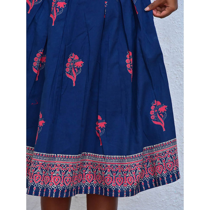 Chidiyaa Humming Bird Enchanting Aura Blue Handblock Printed Cotton Dress