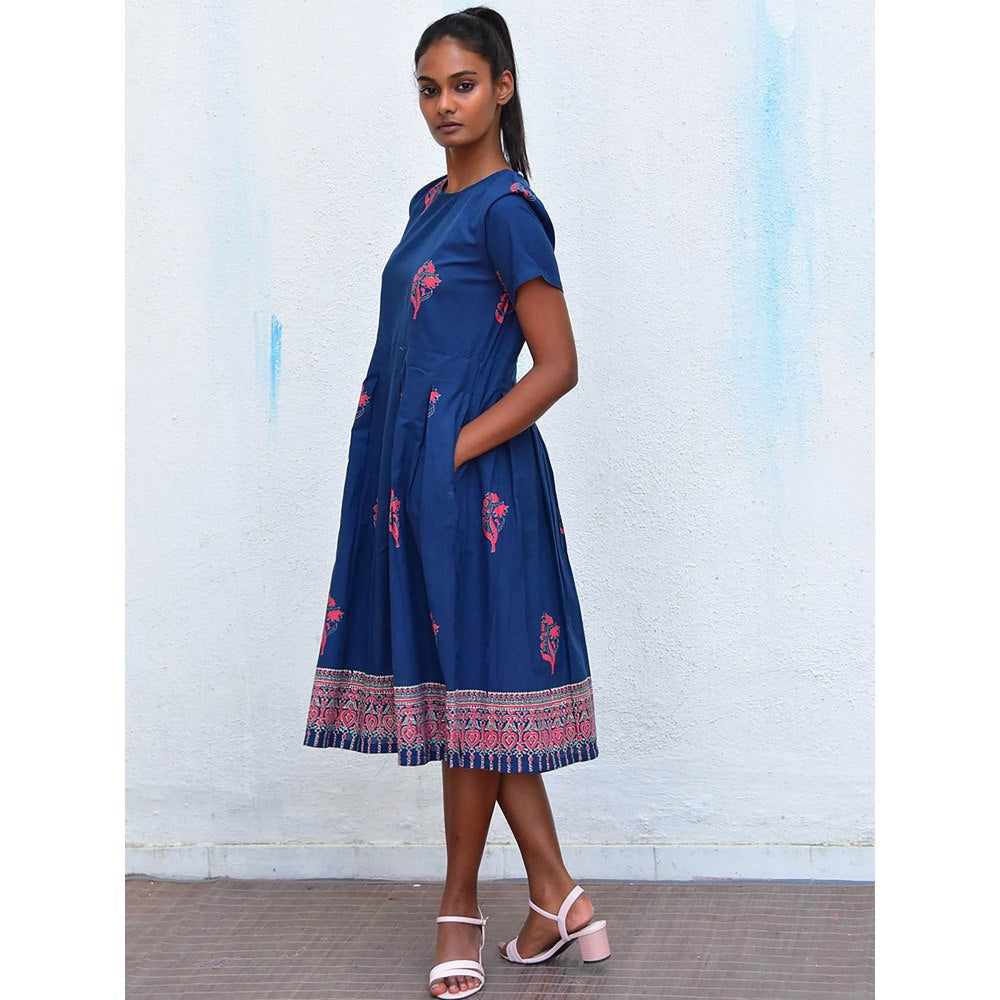 Chidiyaa Humming Bird Enchanting Aura Blue Handblock Printed Cotton Dress