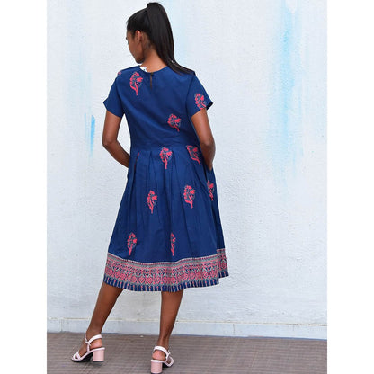 Chidiyaa Humming Bird Enchanting Aura Blue Handblock Printed Cotton Dress
