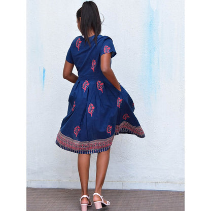 Chidiyaa Humming Bird Enchanting Aura Blue Handblock Printed Cotton Dress