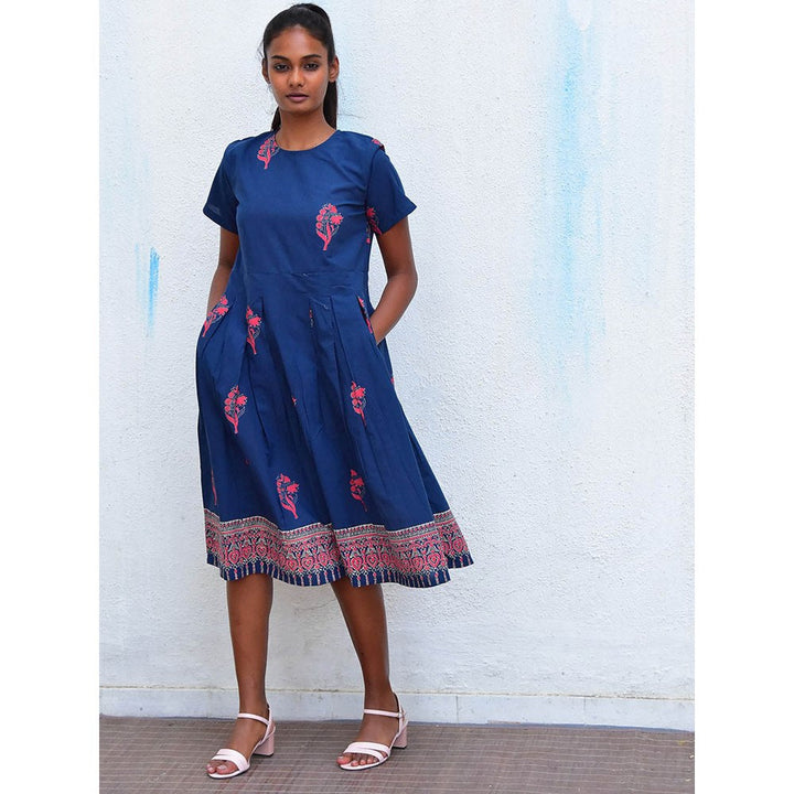 Chidiyaa Humming Bird Enchanting Aura Blue Handblock Printed Cotton Dress