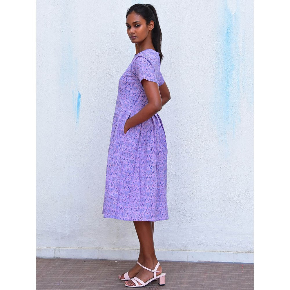 Chidiyaa Humming Bird Mouve Butterfly Handblock Printed Cotton Dress