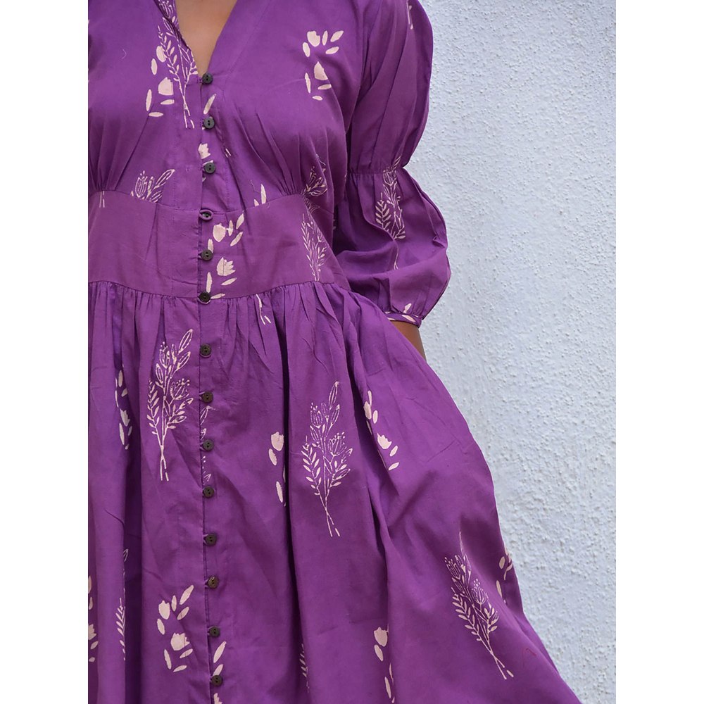 Chidiyaa Humming Bird Melody Purple Handblock Printed Cotton Dress