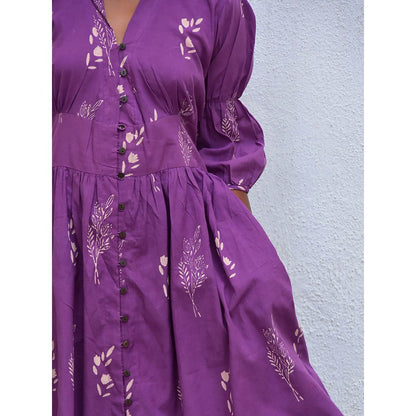 Chidiyaa Humming Bird Melody Purple Handblock Printed Cotton Dress