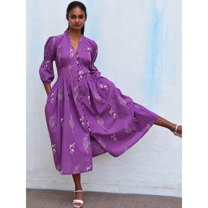 Chidiyaa Humming Bird Melody Purple Handblock Printed Cotton Dress