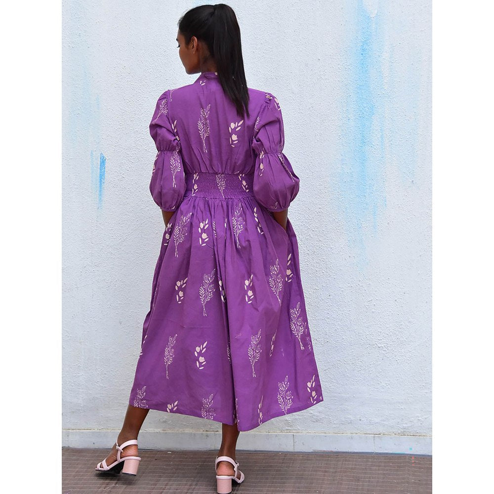 Chidiyaa Humming Bird Melody Purple Handblock Printed Cotton Dress