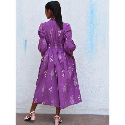 Chidiyaa Humming Bird Melody Purple Handblock Printed Cotton Dress