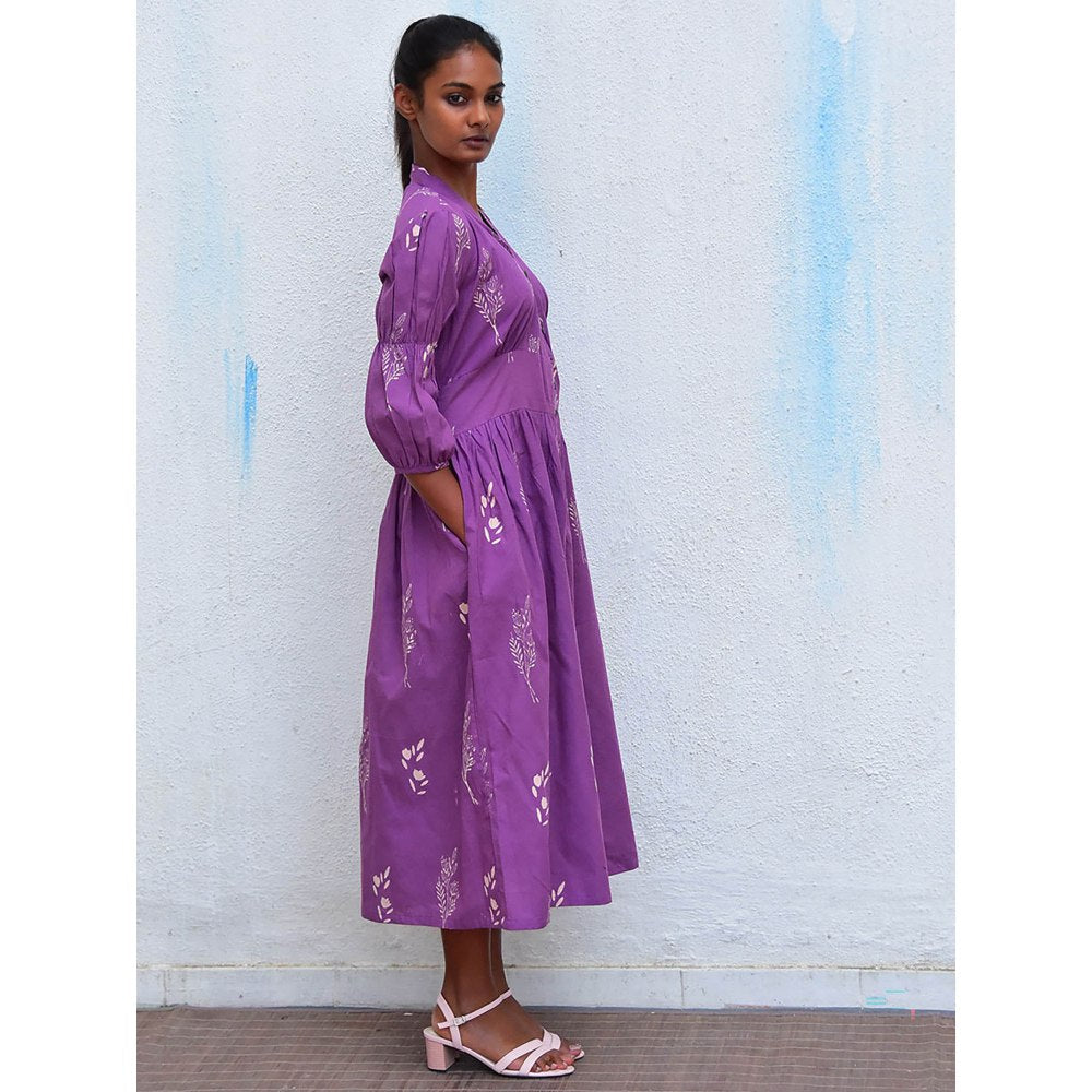 Chidiyaa Humming Bird Melody Purple Handblock Printed Cotton Dress