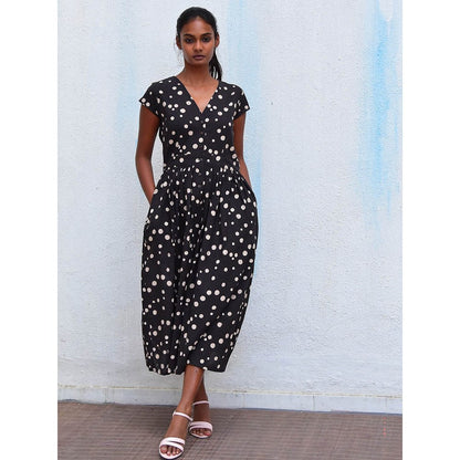Chidiyaa Humming Bird Radiant Delight Black Polka Handblock Printed Cotton Dress