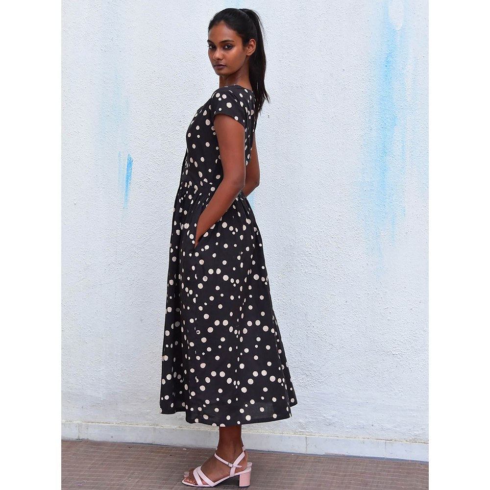 Chidiyaa Humming Bird Radiant Delight Black Polka Handblock Printed Cotton Dress