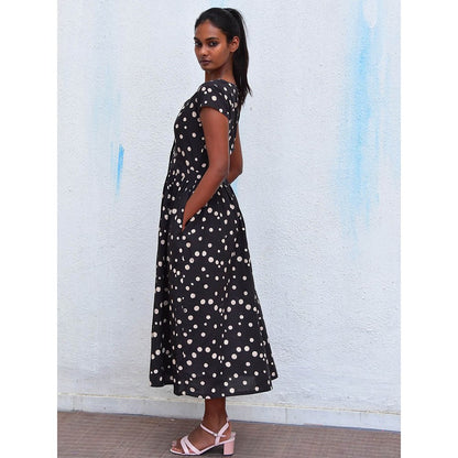 Chidiyaa Humming Bird Radiant Delight Black Polka Handblock Printed Cotton Dress