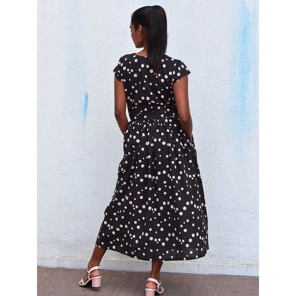 Chidiyaa Humming Bird Radiant Delight Black Polka Handblock Printed Cotton Dress