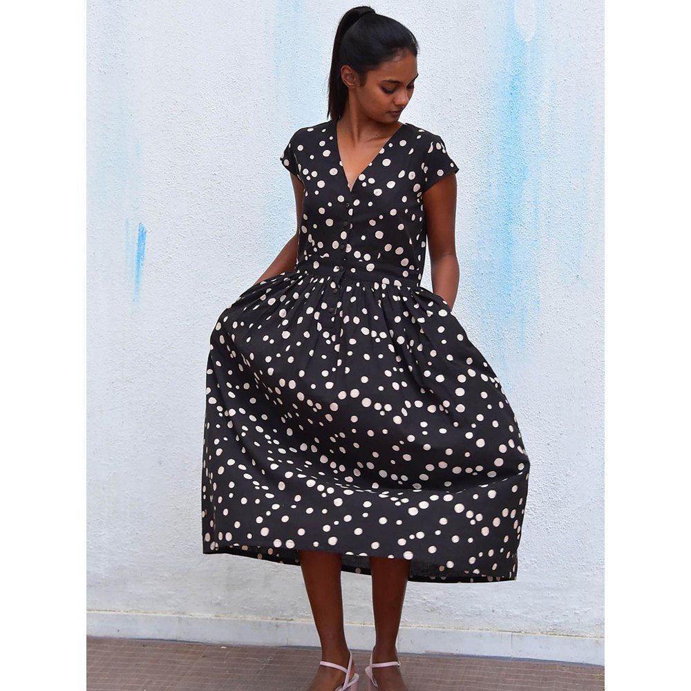 Chidiyaa Humming Bird Radiant Delight Black Polka Handblock Printed Cotton Dress
