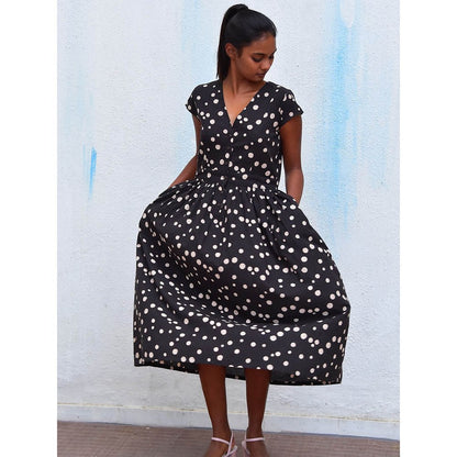 Chidiyaa Humming Bird Radiant Delight Black Polka Handblock Printed Cotton Dress