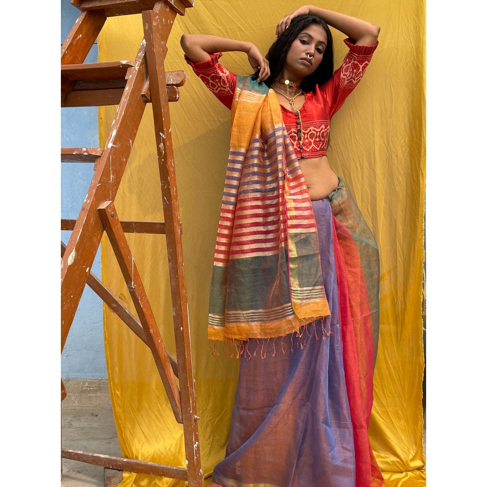 Chidiyaa Sahasa Multitone Sapphire Handwoven Pure Linen Zari Saree with Unstitched Blouse