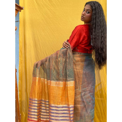Chidiyaa Sahasa Multitone Sapphire Handwoven Pure Linen Zari Saree with Unstitched Blouse