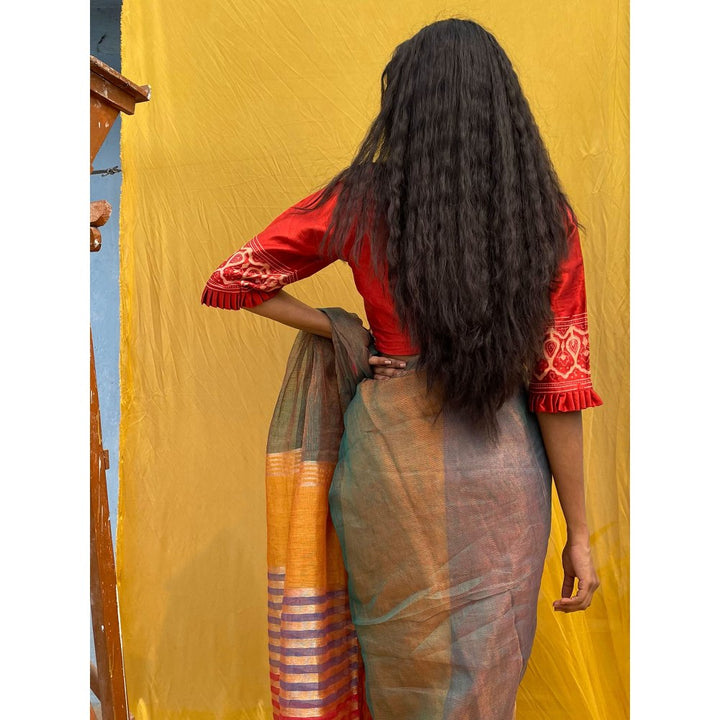 Chidiyaa Sahasa Multitone Sapphire Handwoven Pure Linen Zari Saree with Unstitched Blouse