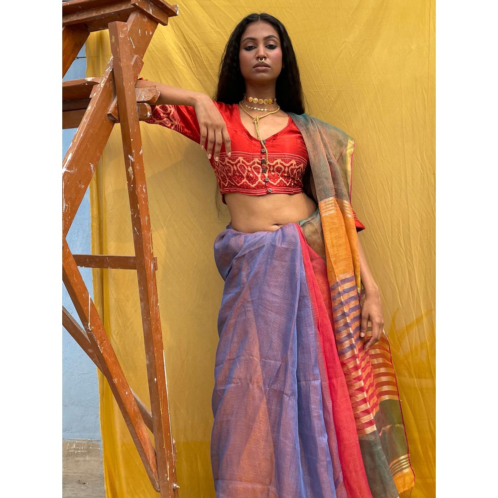 Chidiyaa Sahasa Multitone Sapphire Handwoven Pure Linen Zari Saree with Unstitched Blouse