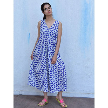 Chidiyaa Rain Dancing Whispering Breezes Hand Block Printed Cotton Blue Maxi Dress