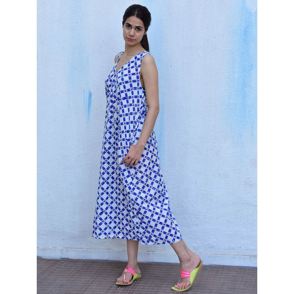 Chidiyaa Rain Dancing Whispering Breezes Hand Block Printed Cotton Blue Maxi Dress