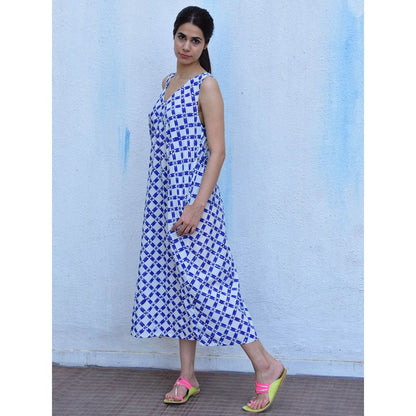 Chidiyaa Rain Dancing Whispering Breezes Hand Block Printed Cotton Blue Maxi Dress