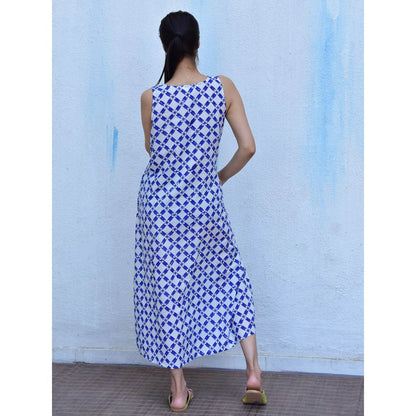 Chidiyaa Rain Dancing Whispering Breezes Hand Block Printed Cotton Blue Maxi Dress