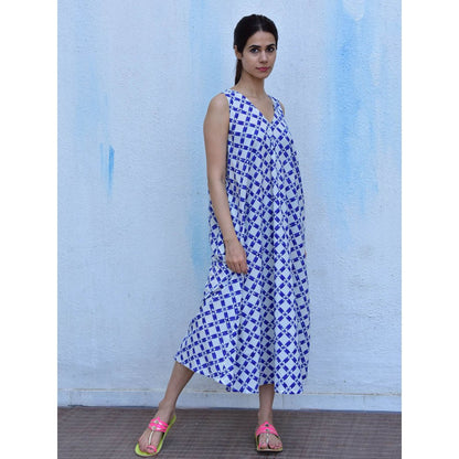 Chidiyaa Rain Dancing Whispering Breezes Hand Block Printed Cotton Blue Maxi Dress