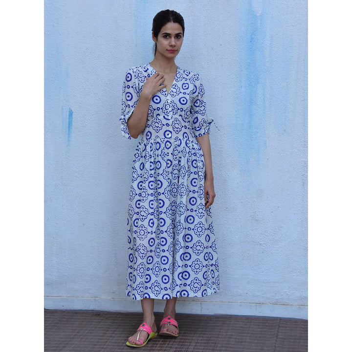Chidiyaa Rain Dancing Petals Hand Block Printed Cotton Blue Maxi Dress