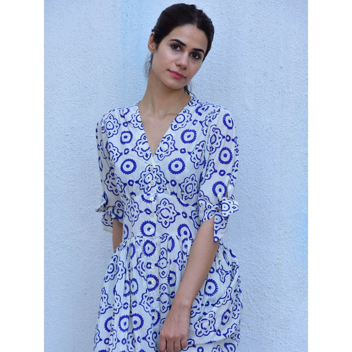 Chidiyaa Rain Dancing Petals Hand Block Printed Cotton Blue Maxi Dress