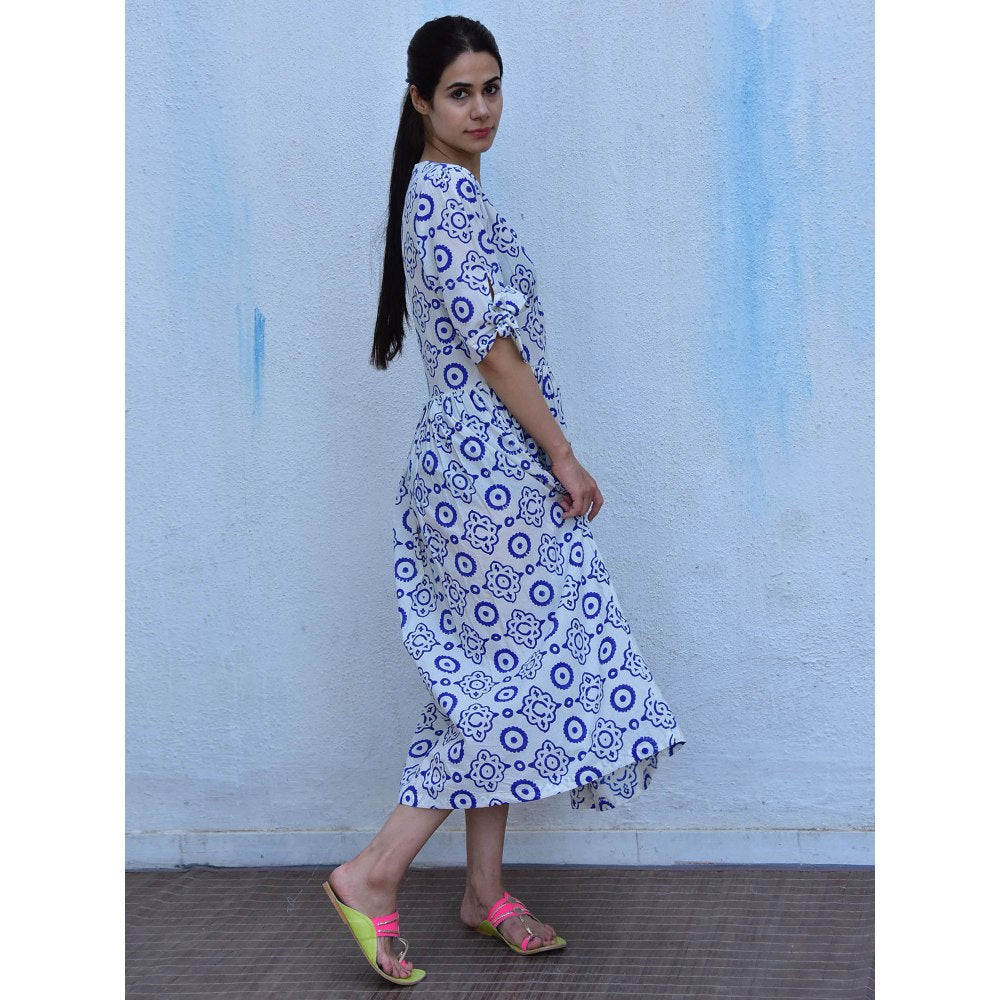 Chidiyaa Rain Dancing Petals Hand Block Printed Cotton Blue Maxi Dress