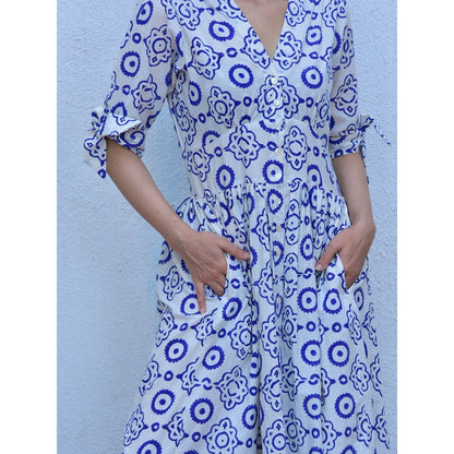 Chidiyaa Rain Dancing Petals Hand Block Printed Cotton Blue Maxi Dress