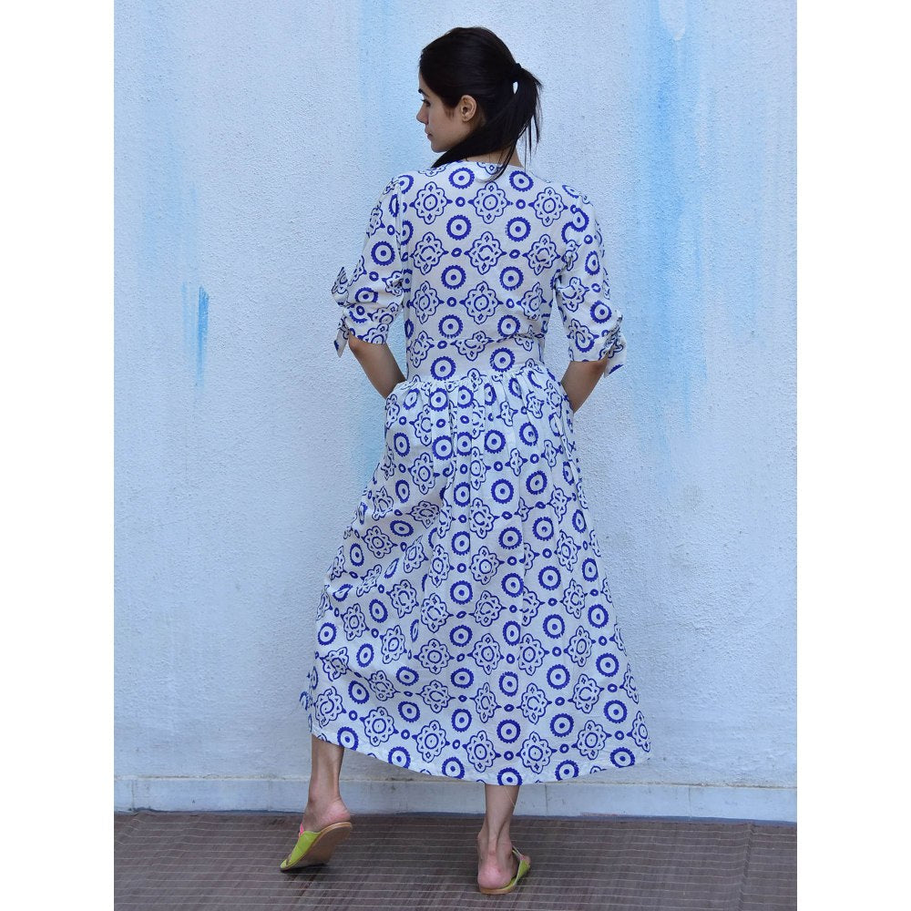 Chidiyaa Rain Dancing Petals Hand Block Printed Cotton Blue Maxi Dress