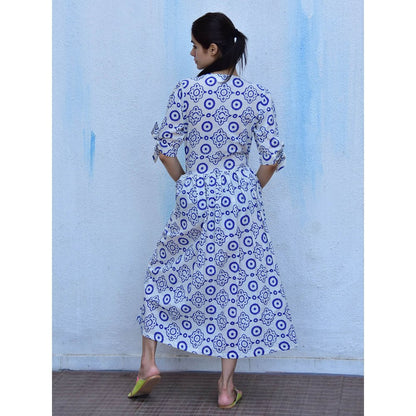 Chidiyaa Rain Dancing Petals Hand Block Printed Cotton Blue Maxi Dress