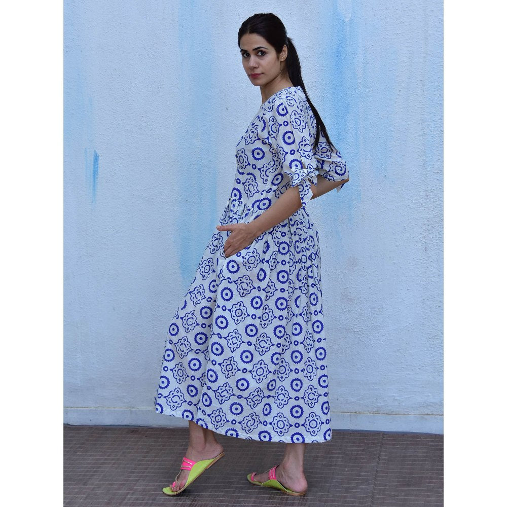 Chidiyaa Rain Dancing Petals Hand Block Printed Cotton Blue Maxi Dress