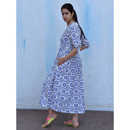 Chidiyaa Rain Dancing Petals Hand Block Printed Cotton Blue Maxi Dress