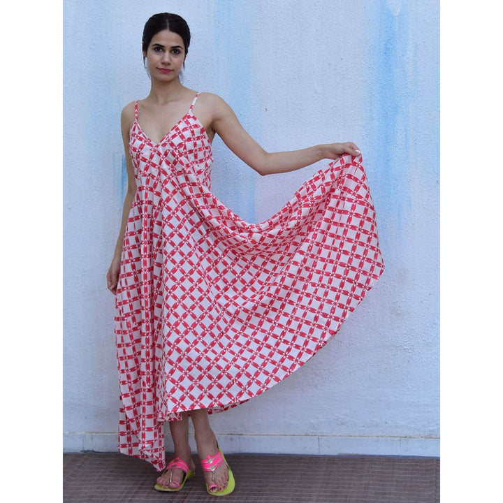 Chidiyaa Rain Dancing Drizzle Hand Block Printed Cotton Red Maxi Dress