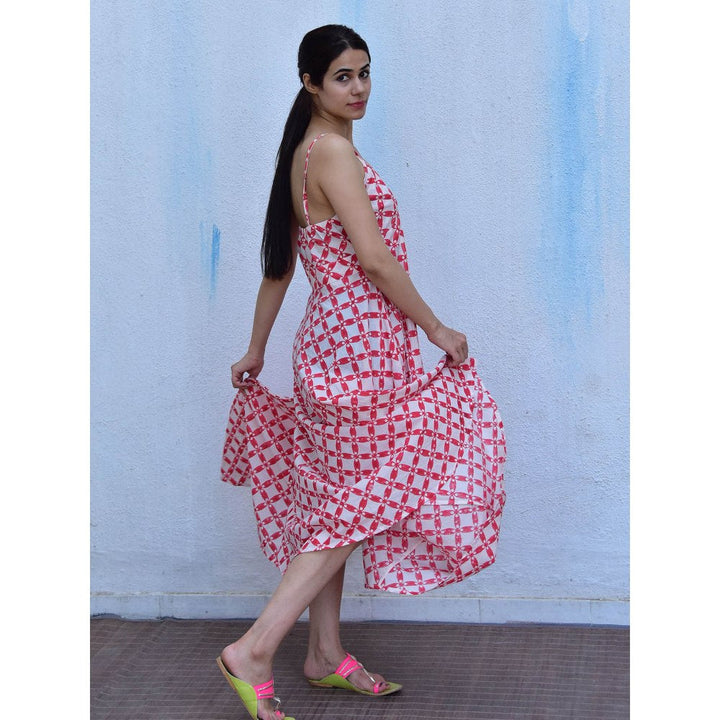 Chidiyaa Rain Dancing Drizzle Hand Block Printed Cotton Red Maxi Dress