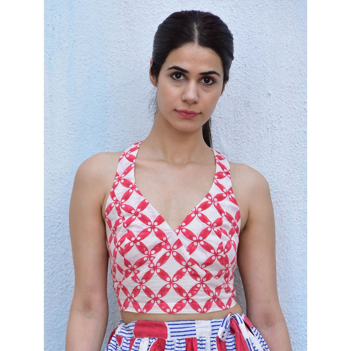 Chidiyaa Rain Dancing Sweetheart Hand Block Printed Cotton Red Crop Top