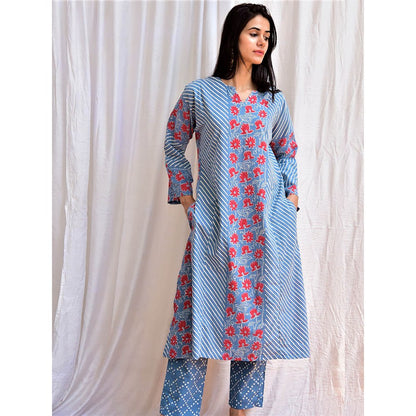 Chidiyaa Smell of Rain Jal Kusum Hand Block Printed Cotton Kurta (Set of 2)