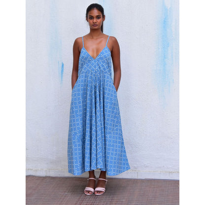 Chidiyaa Smell of Rain Cerulean Mist Hand Block Printed Cotton Dress