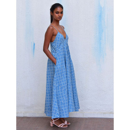 Chidiyaa Smell of Rain Cerulean Mist Hand Block Printed Cotton Dress
