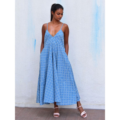 Chidiyaa Smell of Rain Cerulean Mist Hand Block Printed Cotton Dress
