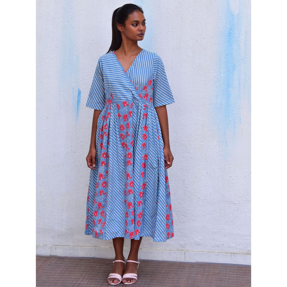 Chidiyaa Smell of Rain Aqua Vista Hand Block Printed Cotton Dress