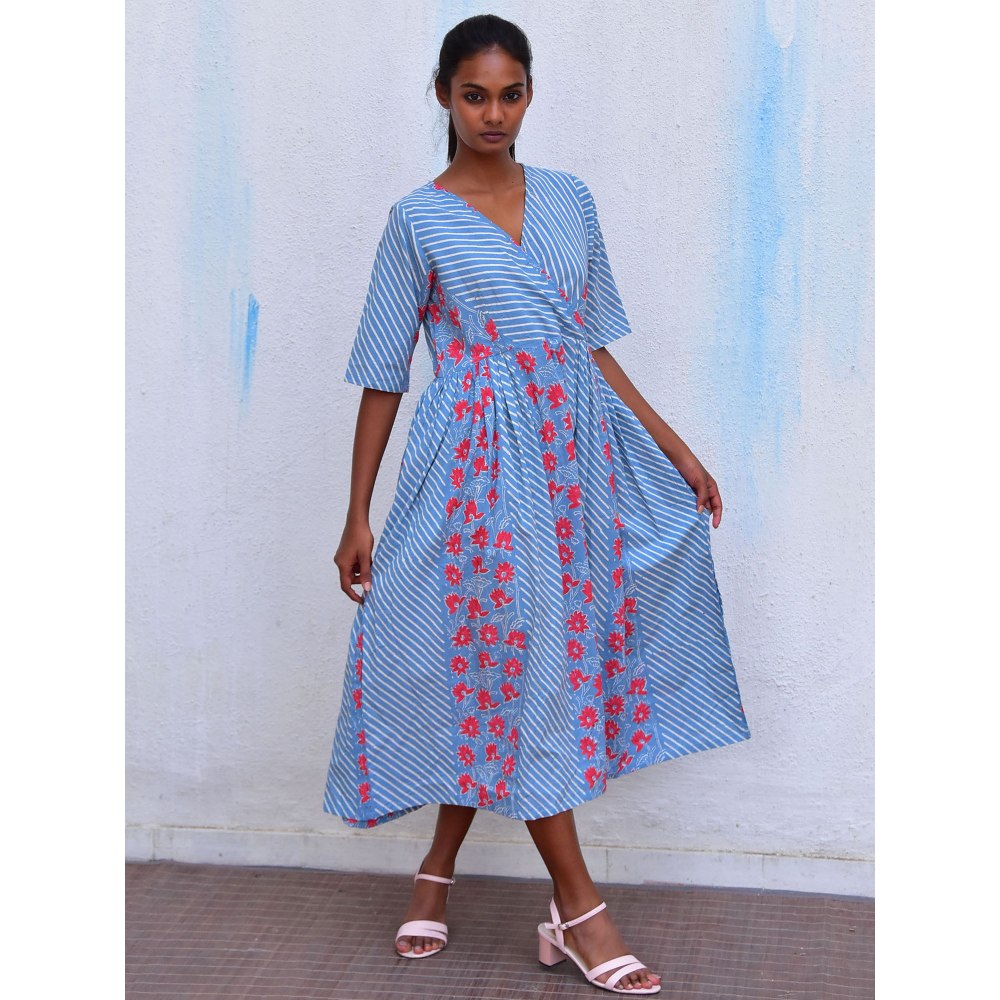 Chidiyaa Smell of Rain Aqua Vista Hand Block Printed Cotton Dress