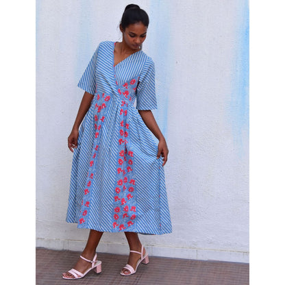 Chidiyaa Smell of Rain Aqua Vista Hand Block Printed Cotton Dress