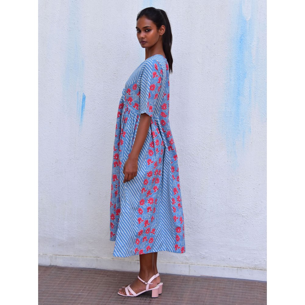 Chidiyaa Smell of Rain Aqua Vista Hand Block Printed Cotton Dress